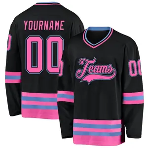 Genähte Tackle Twill Name & Nummer Benutzer definierte Schwarz Pink-Hellblau Hockey Jersey Athletic Cut & Exquisite Nähte nicht einfach zu fa