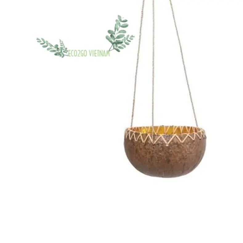 Pot cangkang kelapa/gantungan tanaman cangkang kelapa dengan Logo Laser ukir dibuat di Vietnam oleh ECo2go Vietnam
