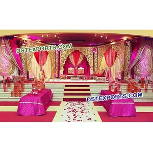 Golden Reception Stage Wedding Four Pillars Golden Carved Stage Set Paisley Wedding Stage With Backdrop Panels