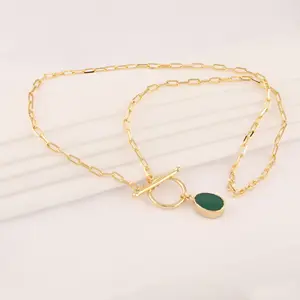 Hot sale zeva jewels green chalcedony toggle clasp pendant chain necklace egg shape brass yellow gold plated box chain necklaces