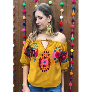 2019 여성 의류 활기찬 색조 꽃 멕시코 스타일 수 놓은 어깨 보헤미안 블라우스 수제 Boho 레이디 우아한 탑