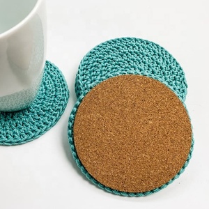 Knitted Round <b>Coaster</b> With <b>Cork</b> Base Teal Color Reusable Home Use Simple Style - Product Image 1