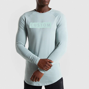 T-shirt pour homme à manches longues imprimé sur mesure, bleu clair, col rond, coupe ajustée, sportif, séchage rapide, tricoté en polyester - Product Image 1