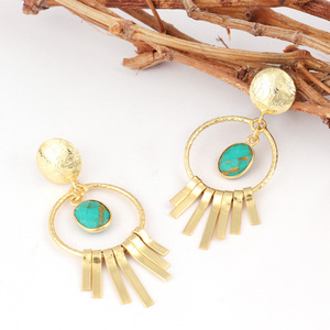 ต่างหูชุบทองทองเหลืองดีไซน์เก๋,ต่างหูแบบห้อยสีเขียวเทอร์ควอยซ์สีเขียว - Product Image 6