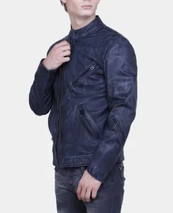 इटली में किए गए पुरुषों आउटडोर चमड़े का जैकेट नीले जड़ी बाइकर OEM सेवा दैनिक के लिए त्वरित सूखी 100% इतालवी चमड़े की जैकेट पहनने