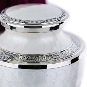 Urne funéraire métallique et souvenirs Rose fleur gravure émail blanc nacre crémation adulte urne à vendre - Product Image 5