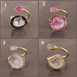 แหวน Druzy และ Druzy สีเทาธรรมชาติ,แหวนทองเหลืองชุบทอง24K แหวนปรับขนาดได้แฮนด์เมดแหวน Boho - Product Image 2