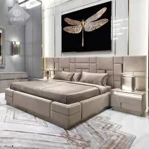 Set Furniture Kamar Tidur Italia, Tempat Tidur Kulit Mewah, Desainer Dua Tempat Tidur Modern Italia Terbaru