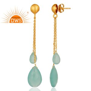 Multi Aqua Chalcedony Chain Dangle Earrings Solid Sterling Silver Earrings Gold Plated Jewelry Supplier - Product Image 3