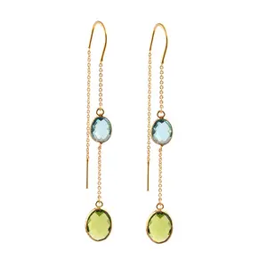Beautiful Faceted Oval Swiss Blue Quartz & Peridot Quartz Double Stone Hanging Earrings Gold Plated Bezel Needle Thread Earrings