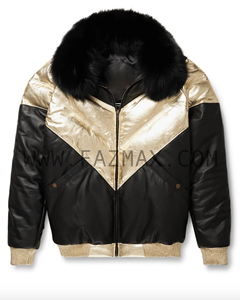 Chaqueta de cuero V-Bomber Chaqueta acolchada de cuero de vaca negra y dorada OEM 2024 - Product Image 3