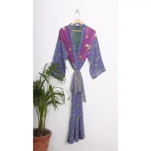 Kimono de retales de seda reciclada, Kimono de noche Vintage, Maxi, Túnica étnica de la India, ropa de noche