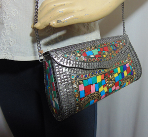 Antique multicolore mosaïque pierre pochette décontracté fête mariage sac à bandoulière chaîne décoration rabat motif fait à la main sac en métal - Product Image 3
