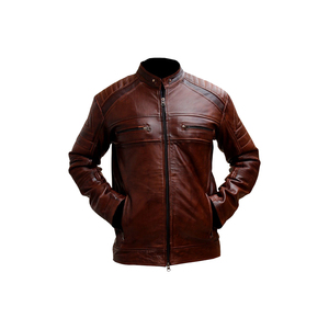แจ็กเก็ตหนังแกะแท้สำหรับผู้ชายคอตั้งตั้งหนังแท้สไตล์ไบค์เกอร์หนังแท้สีน้ำตาล2023ออกแบบได้ตามต้องการ - Product Image 1