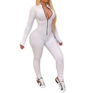 Combinaison et barboteuse à manches longues pour femme, tenue de ville à la mode, col rabattu, fermeture éclair, logo personnalisé, 2021 - Product Image 5