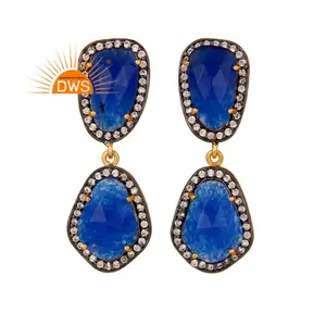Cz Blue Aventurine Set Classic Turkish Design Girl's Earrings Jewelry Supplier Gold Plated Brass Natural Orthodox Zircon Pyramid