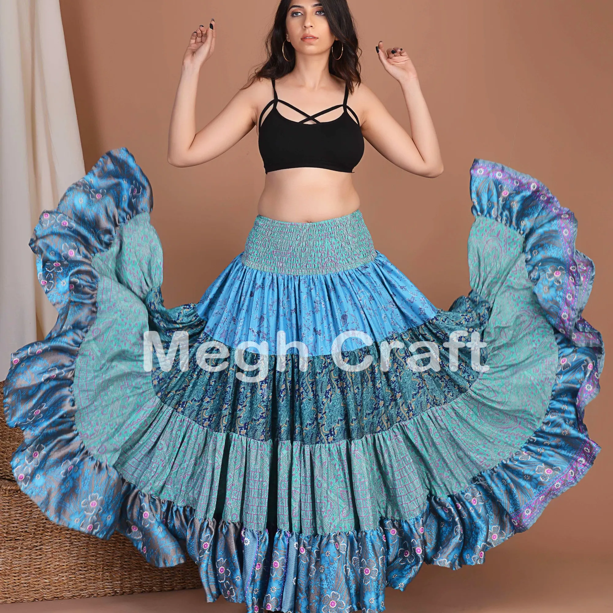 Jupe longue à volants style européen, Sari en soie indienne, jupe de danse du ventre, à plusieurs niveaux