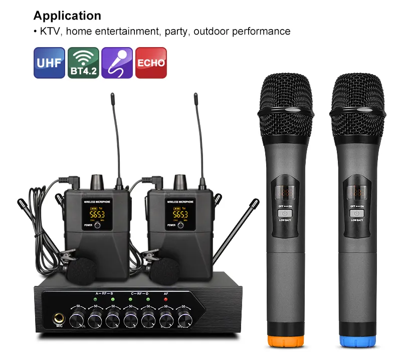 Sistema de micrófono inalámbrico profesional para Karaoke, sistema de micrófono de 4 canales UHF, graves agudos, Echo