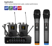 Sistema Inalámbrico Profesional de Karaoke UHF de 4 Canales, Micrófono de Solapa, Micrófono de Cuello con Graves y Agudos, Micrófono de Diadema para Artistas