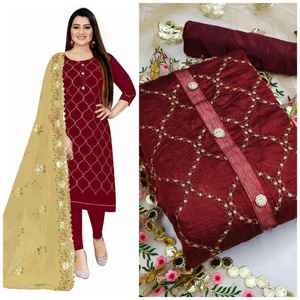 ชุดปาร์ตี้ปักลายผ้าฝ้าย Chanderi สำหรับผู้หญิง,ชุดแนวชูริสเตอร์ปักด้วยตาข่าย Dupatta ในงานออกแบบโดย Royal Export - Product Image 4