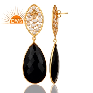 Zircon Bead <b>Black</b> Onyx Gemstone <b>Earring</b> Designer Gold Plated Silver <b>Dangle</b> <b>Earrings</b> Suppliers Jewelry - Product Image 3