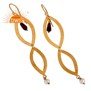 New Designer Gold Plated Silver Hook <b>Dangle</b> <b>Earrings</b> Natural Garnet & White Pearl Gemstone Jewelry Wholesaler - Product Image 2