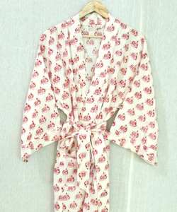 <b>Women's</b> Summer Blue Cotton Printed Floral Kimono <b>Robe</b> Quick <b>Dry</b> Breathable Knitted Fabric Drawstring Closure for Daily Use - Product Image 1