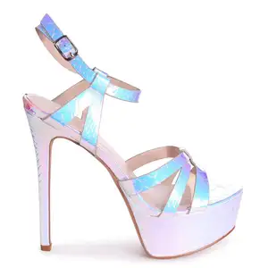 Silver mermaid heavy stiletto ladies platform with gathered front straps high heels sandals shoes ladies bridal footwear shoe