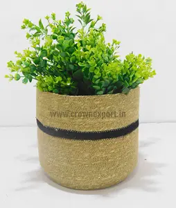 Natural With Black Stripe Round Sea Grass Flower Planter for Storage Flower Basket & Jute Flower Vases Sea Grass Planter & Pot