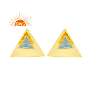 Blue Chalcedony Gemstone Earrings 925 Silver Gold Plated Triangle Shape Stud Earrings Manufacturer Jewelry - Product Image 1