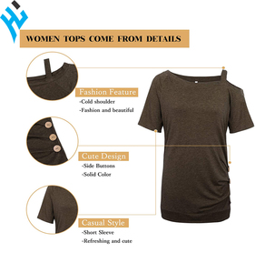 Camisetas de alta calidad para mujer, blusas informales de manga corta con hombros descubiertos, Top tipo túnica con botón lateral, venta al por mayor - Product Image 4