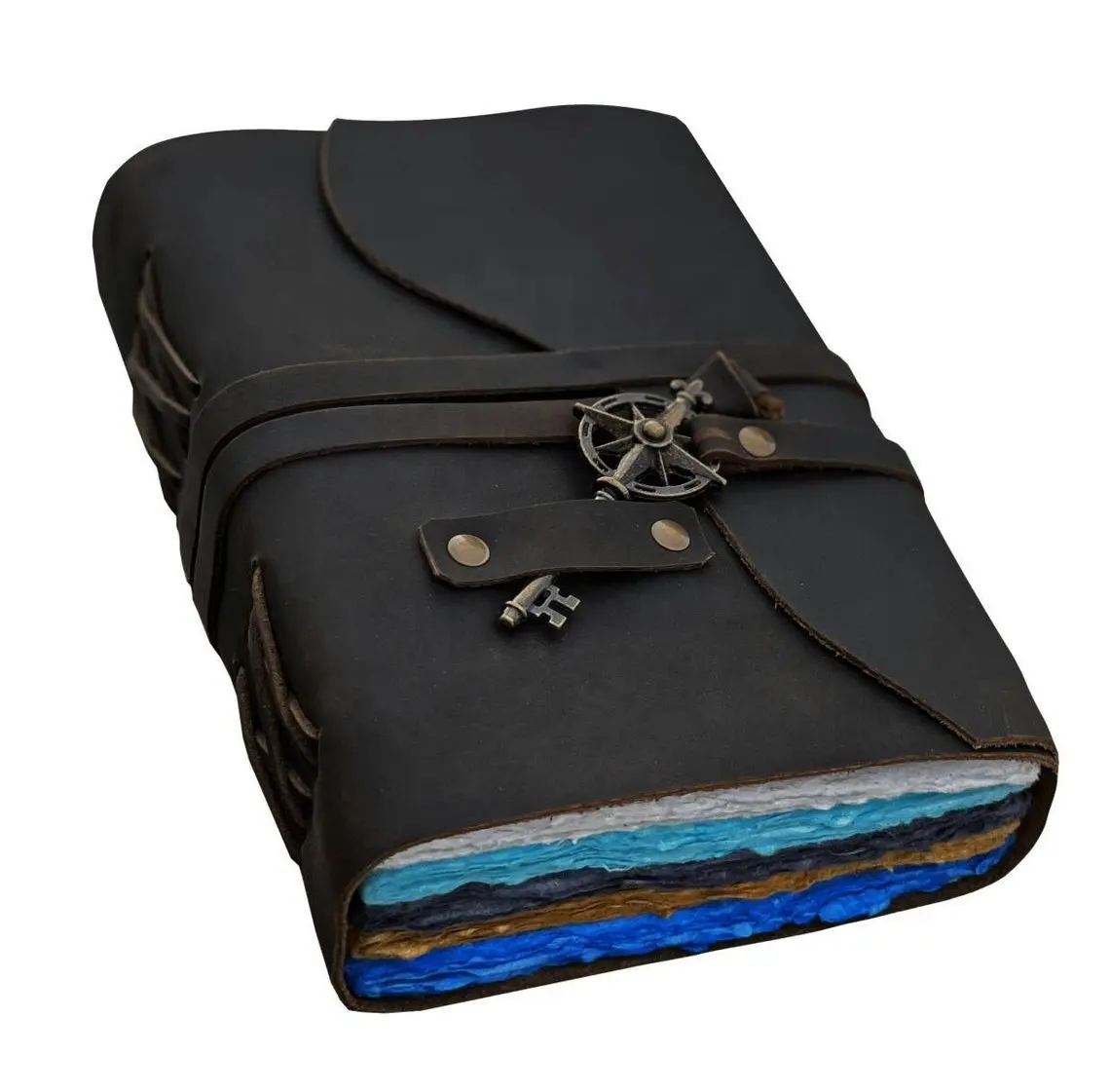Дневник из высококачественной кожи под Античный ключ с деревянной отделкой ручной работы, разноцветная бумажная кожаная тетрадь