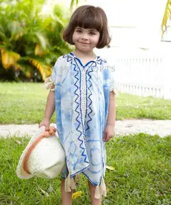 New Arrival Latest Design Summer Cute Kids Clothing Dress Kids Aqua Tie Dye Aari Embroidered Little Girl Kaftan Toddler Dress