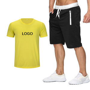 Mens Yellow T Shirt Black <b>Shorts</b> Set Sportswear Quick Dry Activewear Workout Gym Set Elastic <b>Waist</b> Zipper Pocket Pattern - Product Image 3