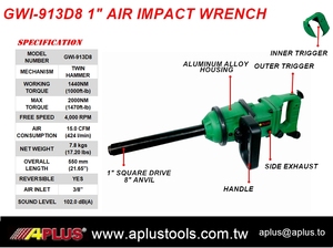 APLUS 1 1 \ "SQ.DR. Llave de impacto neumática de doble martillo con mango y gatillo exterior 8-1/2 \ "Ext. - Product Image 2