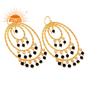 Boucles d'oreilles chandelier martelé onyx noir en argent sterling plaqué or jaune 22 carats Collection classique de bijoux en pierres précieuses - Product Image 3