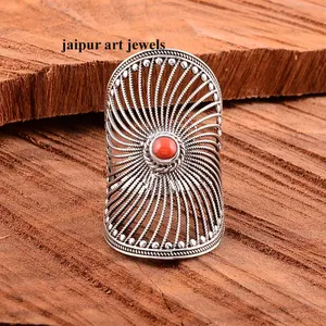 Natural Red Coral Gemstone Wholesale Indian 925 Sterling Silver Handmade Vintage Ring Fine Jewelry for Women