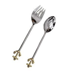 Service à salade en acier inoxydable avec poignée en laiton, outils à salade, Spinner à salade, cuillère, fourchette, ensemble de couverts en acier personnalisés - Product Image 1