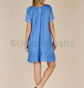 Usine Pas Cher Longueur Genou Femmes Élégantes À Manches Courtes Robes Broderie Dames Robe Courte - Product Image 3