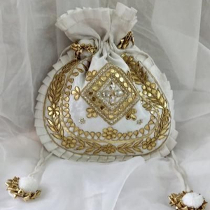 2021 Stylized Silk Potli-Bag with <b>Gota</b> Patti Zardozi Embroidery Stylish Wedding & Party Bags with New Work on - Product Image 1