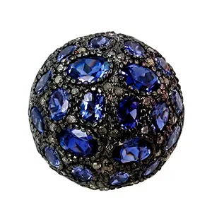 Pave diamante iolite bola de pedra preciosa descobertas 925 prata pedra preciosa jóias contas