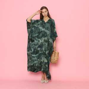 Atractivo Kaftan de algodón Tie Dye para mujer de manga larga y hasta el suelo para playa Summer Resort Wear Boho Lady Cover-Up - Product Image 4