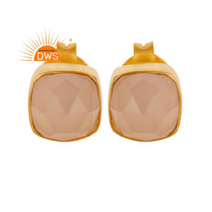 Nouvelles boucles d'oreilles en chalcédoine rose, plaquées or 14 carats, argent 925, forme coussin, boucles d'oreilles à clous, fournisseur de bijoux, collection classique - Product Image 1