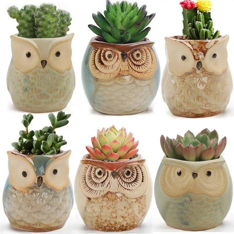 Amazon Owl Pot Tanaman Mini Lucu, Pot Tanaman Sukulen, Pot Taman Kreatif Pot Keramik Mengalir Glasir untuk Anak-anak