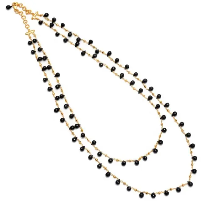 Wholesale 925 Sterling Silver Black Onyx Gemstone Drops Beads Gold Plated Fashion Jewelry Necklace