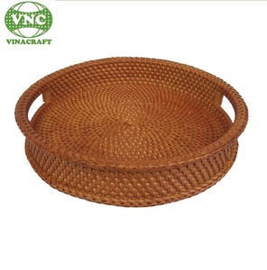 Juego de bandejas para servir de ratán sostenibles ecológicas, mango de madera de bambú, mimbre, café, té, pan, cocina, baño, sala de estar, herramientas - Product Image 1