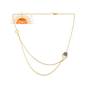 Yellow <b>Gold</b> Plated Silver Necklace Hamsa Designer Blue Chalcedony Gemstone Necklace Supplier Jewelry Classic Collection - Product Image 1