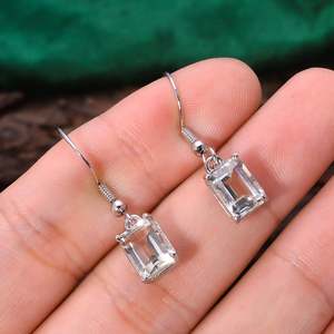 Natural Green Amethyst Faceted Radiant Shape Gemstone 92.5 Sterling Silver 1.2" <b>Long</b> Dangle <b>Earrings</b> 2.4 Gram - Product Image 3