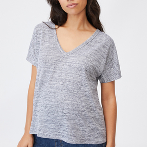 Vintage V-Neck Short Sleeve T-shirt 2021 Woman Slim Header Grey Color T Shirt Summer Tops For Women - Product Image 1