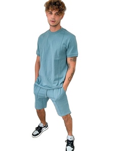 ชุดผ้าฝ้าย100% สำหรับผู้ชาย,ชุดเสื้อคอกลมแขนสั้นและกางเกงขาสั้นสีพื้น - Product Image 5